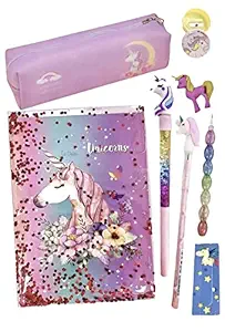 Le Delite Unicorn Stationary Combo Water Glitter Diary School Stationary Supply Set Gift Girls Kids/ Notebook with Glitter Unicorn Pouch Organizer Pencil Box Holographic Zipper,Lava Pen