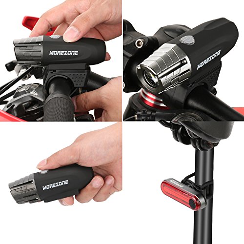 MOREZONE LED Fahrradlicht Set Wiederaufladbare Fahrradbeleuchtung 300Lumen 5 Licht-Modi Fahrradlampen Frontlicht Rücklicht Wasserdicht Fahrradlichter Taschenlampe(Schwarz) - 4