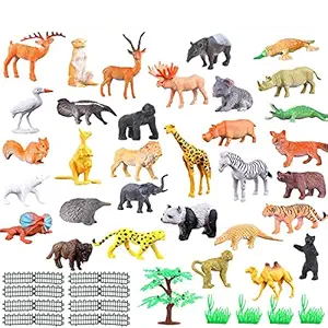 KIDZBELL Mini Jungle Animals Figure Toys Play Set 53 Piece, Realistic Wild Plastic with Artificial Grass & Fencing Learning Games for Boys Girls Kids Toddlers, Animals Cupcake Topper,Multicolor