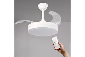 M mimotec - Ventilatore da soffitto con luce LED Thor Bianca, con telecomando, motore DC, 6 velocità, silenzioso, pale retrattili, funzione estate-inverno, timer, luce CCT dimmerabile. LM8821