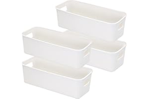 LYLIDIA Petite Boîte de Rangement Plastique 4 PCS Panier Rangement Cuisine Boîte Rangement Rectangulaire Blanche Bac Rangement Plastique Étroite Boite Rangement Salle de Bain Placard Bureau Maison