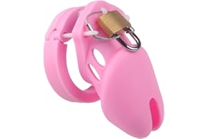 YOJIACO Jaula de Castidad de Silicona Suave para Hombres Masculinos con Cerradura y Dispositivo de Castidad con Llave para Hombres Jaula de Pene con 5 Anillos (Rosa)