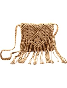 AiSi Damen Mädchen geflochten Strandtasche Quaste Umhängetasche Schultertasche kleine Abendtasche elegante Handtasche...