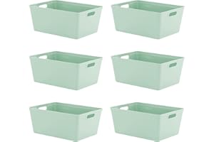 simpa 11L 11 Litre Plastic Storage Basket Studio Organiser Trays with Handles - Sage Green, Set of 6 Trays - 15.5cm (H) x 35cm (L) x 25cm (W)