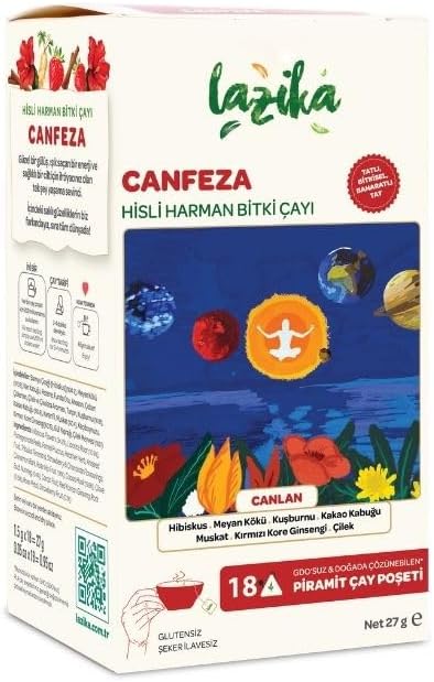 Lazika Bitki Çayı – Canfeza & Beije, Kırmızı Ginsengli, Kakao ve Çilek Aromalı, Kafeinsiz, 18'li Piramit Poşet