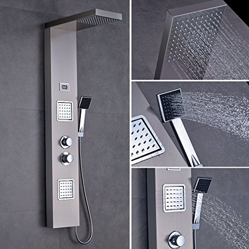 AuraLum Zeitgenössisch Thermostat Duschsäule mit LCD Wassertemperatur Digitalanzeige Duschpaneel Wasserfall Regendusche Massagedüsen inkel. Handbrause - 9