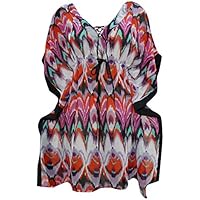 Mogul Interior Ladies Short Kaftan Dress multicolored Ikat Print Summer Bikini Coverup Medium