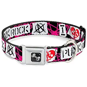 Buckle Down Seatbelt Buckle Dog Collar - I Heart Punk Rock w/Safety Pins Black/Fuchsia/White - 1.5