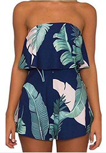 SWEETFISH Women Off Shoulder Romper Strapless Floral Beach Shorts Jumpsuit (EU XLarge, Dark Blue)