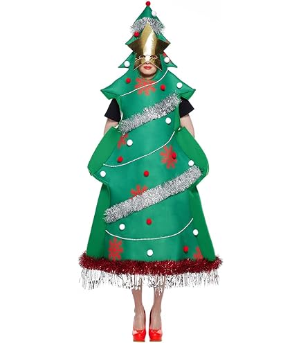 Costume Sapin De Noël Adulte - Cape/robe Verte Avec Motifs Festifs - Unisexe, Polyester - Pour Fête, Déguisement, Halloween, Noël