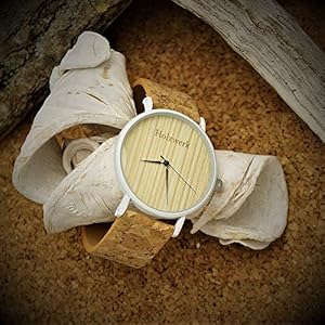 Hand Made Flat Wood in Germany® Designer Unisex Men's Women's Watch Organic Vegan Wooden Bracelet/Watch Analogue Quartz with Cork Bracelet and Dial, White
