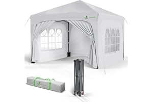 VOUNOT® Tonnelle de Jardin 3x3m Tente Pliable Imperméable avec Parois Anti UV Chapiteau de Jardin Exterieur Hauteur Réglable avec Sac de Transport pour Camping Festival Plage Jardins Blanc