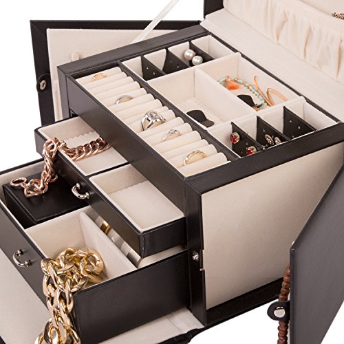 TRESKO® Schmuckkästchen Uhrenschatulle Uhrenbox Schmuckschatulle Schmucketui Schmuckbox mit Mini-Schmuckkasten für die Handtasche aus Kunstleder in schwarz, 17 Fächer, Tragegriff - 4