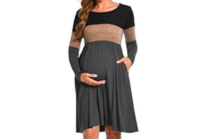 Bearsland Women’s Long Sleeve Maternity Dresses Patchwork Pregnancy Dress with Pocket