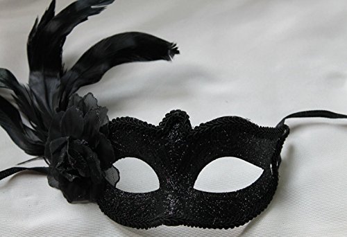 Schwarze Funkelnd Venezianische Maskerade Maske mit Blumen und Federn