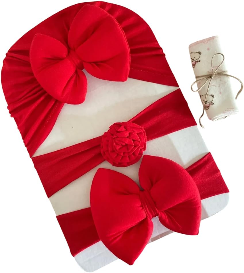 MASALBABY Kız Bebek Fiyonklu Bone Bandana ve Saç Bandı - 3'lü Hediyelik Set (Kırmızı)