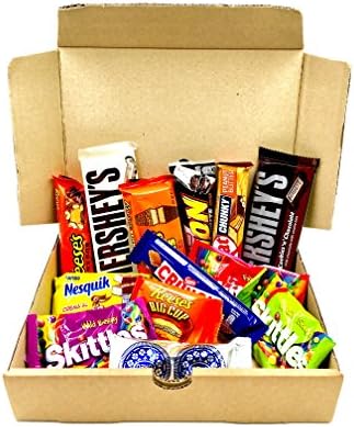 Assorted Pack of Chocolate Snacks, Candy Candy Peanut Butter Perfect Gift Idea Birthday in vintage cardboard box American Box with brands Oreo choc, Reese’s big cup, Hersheys cookie n cream, Nestle crunch bar, Skittles, Kit kat, Lion black and white 10/15 pieces