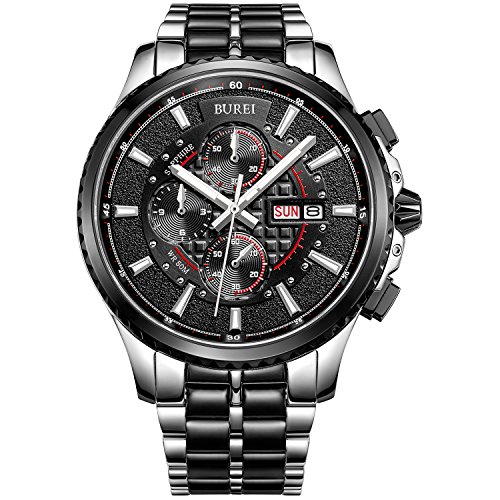 BUREI Herren-Armbanduhr Chronograph Analog Quarz Edelstahl Schwarz Armbanduhr Wasserdicht Uhr BUREI Herren-Armbanduhr Chronograph Analog Quarz Edelstahl Schwarz Armbanduhr Wasserdicht Uhr