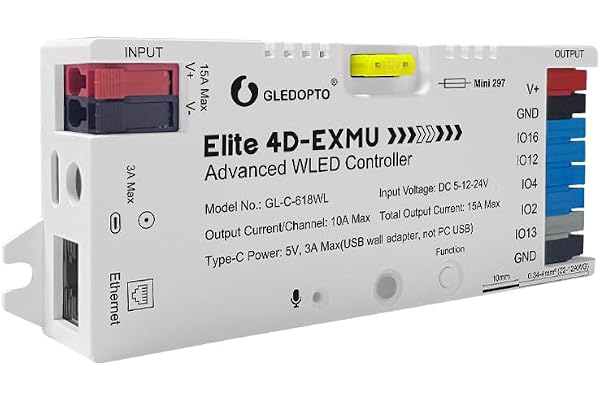 GLEDOPTO Contrôleur LED Avancé 4 Canaux, WiFi/Ethernet - 15A Max, avec Micro Audio et Relais - Compatible WLED pour Bandes LED RGB ICs WS2812B/WS2815 (Blanc)
