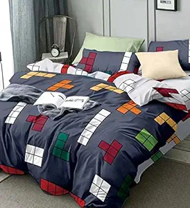 Fablicious Glace Cotton Tetris Blocks Game Print Bedsheet for Kids Double Bed Boys / Girls - Sheet Size 90 x 100 with 2 Pillow Covers