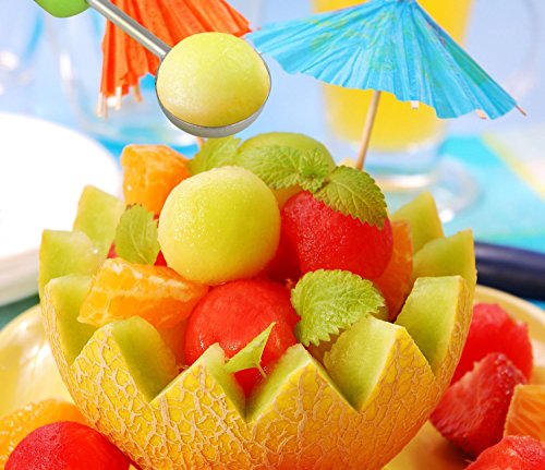 Wassermelonen Messer, PEMOTech 3 in 1 sicher und leicht zu benutzende Obstzeug in der Küche, 304 rostfreier Stahl, Wassermelonenschneider, und -Entkerner, Messer+ Balllöffel für Melonen+ Schälenzeug für Erdberren, perfekt für Obstsaladmachen. - 3