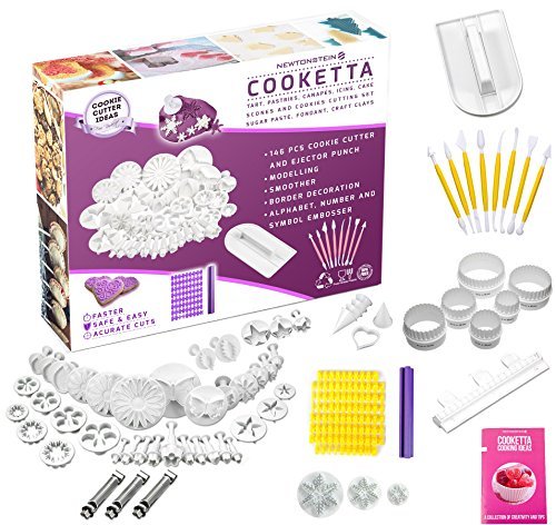 Cooketta - 157 Stück Tarte, Gebäck, Canapes, Zuckerguss, Kuchen, Ton, Zuckerpaste, Scones und Cookieschneider und -stanz-Design-Set mit Ideenbuch - AUSSTECHER Ausstechform Auswerfer Stempel + Modellierwerkzeug + Glätter + Randverzierung Fondant Marzipan Tortendeko