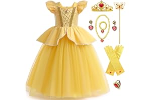 Amtum Princess Dress Little Girls Off Shoulder Costume Layered Yellow Dress Up With Crown Fairy Wand Necklace Bag For Halloween Christmas Outfit Fancy Dress，3-9 Years