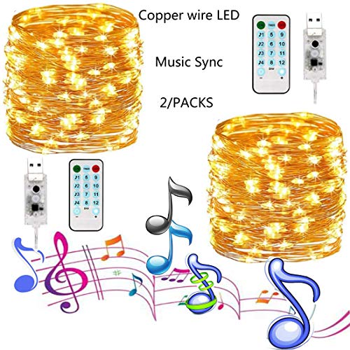 Filo di rame LED Music Fairy String Lights 33ft con 100 LED audio Luce di della musica USB, 12 modalità Remote Starry Lights Decorazione fai-da-te per matrimonio, Natale, Festa (2*USB warm color)