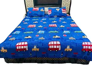 SJ Cars Printed Cartoon Bedsheet for Kids | Boys | Girls - Sheet Size 90 x 100 Inches with 2 Pillow Covers (Dark Blue)