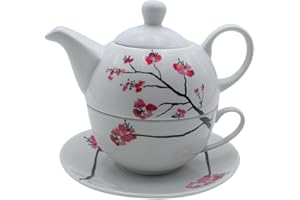 DEKOHELDEN24 Brocca in porcellana, tea for one Set, caraffa da portata per tè, teiera, servizio da tè, tazza da tè con teiera, set di fiori di ciliegio con tazza da tè in porcellana bianca e rosa, L x P 15 x 15 x