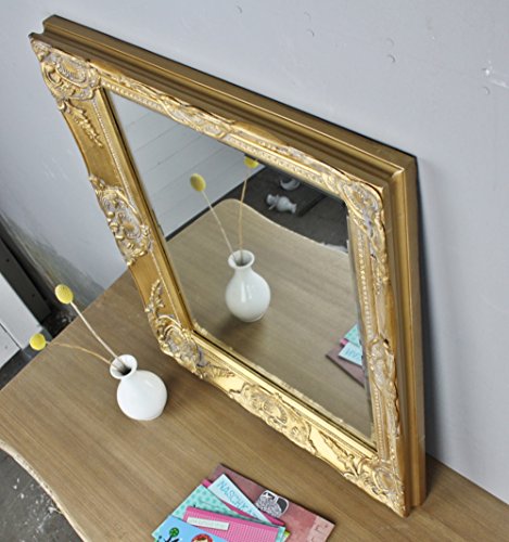 elbmöbel Wandspiegel rechteckig in gold antik mit Patina 62 x 52cm | Spiegel schlicht barock aus Holz mit Facettenschliff | im Landhausstil als Badspiegel | Schminkspiegel bzw. Frisierspiegel für das Landhaus - 2
