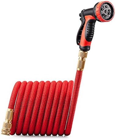 Expandable Garden Hose with Solid Brass Connector and 9 Pattern Spray Gun - 75FT(23M) Red