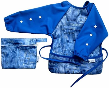 The Original Snap Button Bib by Origu Adjustable Long Sleeve Coverall Apron Waterproof Unisex Baby and Toddler Bib with FREE Complimentary Travel Wet Bag. Water Resistant Machine Washable with Pocket Pouch and Extra Strap Tie | Great for Weaning, Messy Mealtimes and Messy Play (Large 12-24 Months, Blue)