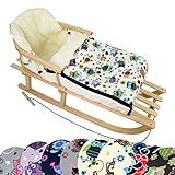 Paket besteht aus: BambiniWelt Kombi-Angebot Holz-Schlitten mit Rückenlehne & Zugseil + universaler Winterfußsack (108cm), auch geeignet für Babyschale, Kinderwagen, Buggy, aus Wolle im Eulendesign (Eule $4)