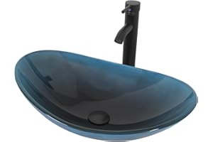 YU YUSING Lavabo Vasque à Poser Ovale en Verre avec Ensemble de Robinets, Lave-Mains, pour Salle de Bain, Cuisine, WC d'invités, Bleu Foncé Moderne, 53 x 35 x 15.5 cm