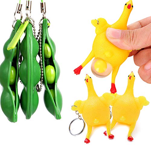 YGMONER Fidget Toys Set, Squeeze-a-Bean Soybean Stress Relieving Keychain Keyring Phone Chain Pendants (Soybean+ Chicken, 6 PCS)