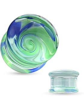 Paula & Fritz® Plug Double Flared aus Pyrexglas blau grüner Wirbel 6mm – 16mm PGL05