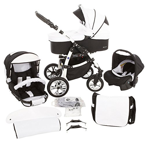 Milk Rock Baby Macano S Pram & Pushchair with 3 frame colors (car seat, raincover, mosquito net, swivel wheels) MO56 White / Pepper & Salt