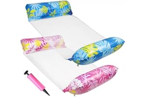 WINDFROMORT Zestaw 2 hamaków wodnych 4 w 1 z siatką i nadmuchiwanym hamakiem basenowym – hamak na basen i hamak wodny, łóżko do pływania i fotel, dla dorosłych i dzieci, niebieski liść klonu i liść klonu magenta