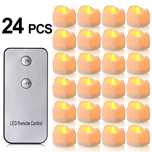 Batteriebetriebene Kerzen mit Fernbedienung, PChero 24er-Pack batteriebetriebene LED-Kerzen, geruchlose, flackernde Teelichter ohne echte Flammen, bis zu 48 Stunden Betriebsdauer, perfekt für Geburtstag, Hochzeit, Party, Wohnungsdekoration – [Gelb]