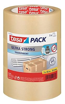 tesapack Ultra Strong - Ruban Adhésif d'Emballage en PVC Solide et Sécurisé - Transparent - 25 m x 50 mm, Lot de 3
