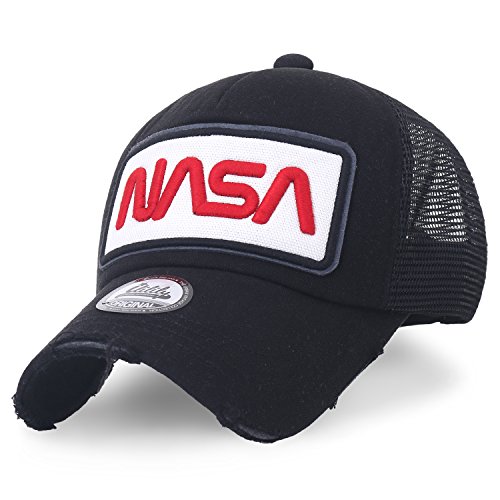 ililily NASA Worm Logo Embroidery Baseball Cap Mesh Snap Back Trucker Hat (Medium, Black)