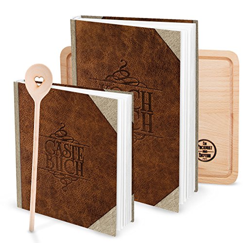 Geschenk-SET LEDER-NOSTALGIE-LOOK 1 Rezeptbuch + 1 Gästebuch + 1 Kochlöffel + 1 großes Küchen-Schneidbrett Holz Präsent Küche Kochen Backen Essen Ernährung - Geburtstag Hochzeit Weihnachten