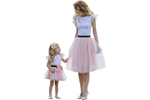 Loalirando Chic Ensemble Eté Mère et Fille T-Shirt Manches Courtes Volant Blanc + Tutu Jupe Tulle Rose