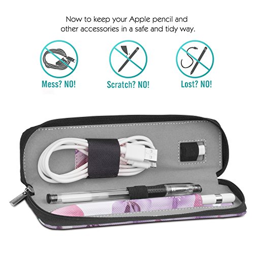MoKo Hülle für Apple Pencil – Premium PU Leder Bleistift Stift Schleife Sleeve Cover Schreibzeug Schreibgerät Beutel mit abnehmbare Gummiband für Apple iPad Pro Pencil / Pen, Blumen Violett - 2