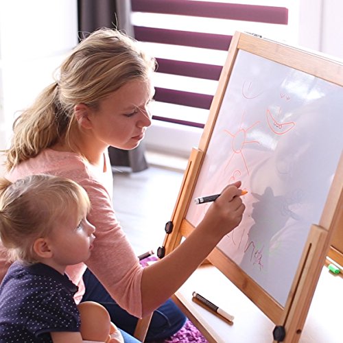 Relaxdays 10019037 Tableau Enfant en Bambou Magnétique sur Pied Jeu d'enfants Loisirs créatifs écolier maître avec feutres HxlxP : 93 x 56,5 x 56,5 cm, Blanc