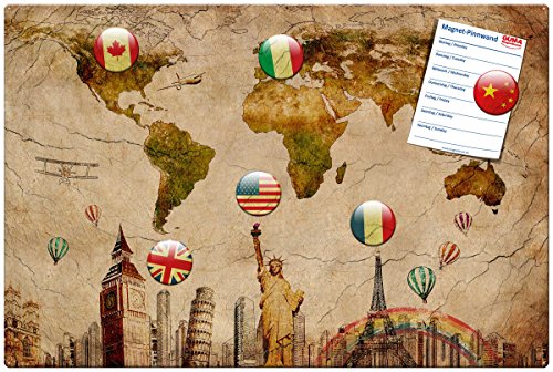 Weltkarte - Sehenswürdige Design Metall Magnettafel 60x40 cm - Pinnwand Memoboard mit Motiv: Weltreisen - inkl. 6 Magnete für Magnetwand mit Motiv Länderflaggen im passenden Grungelook - Original Magnetpinnwand GUMA Magneticum
