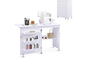 RELAX4LIFE Mesa de Costura Plegable con 5 Ruedas, 4 Estantes de Almacenamiento y Frenos, Mesa para Máquina de Coser de MDF, Mesa Multifuncional para Salón, Dormitorio, 118,5x40x79,5cm (Blanco)