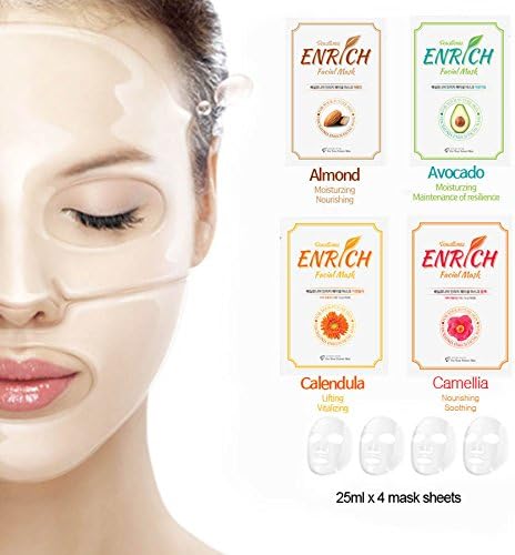 [Vescillonia] [Vescillonia] [Mixed] 4pcs Enrich Facial Mask Sheets Collagen Face Pack 4 types MIXED Almond+Avocado+Calendula+Camelia Moisturizing Nourishing Mask Sheet 25ml X 4 Sheets [S. Korea]