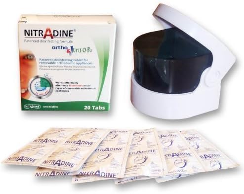 Nitradine Ortho Junior Tablets &amp; Sonic Cleaner - 20 Tablets for Cleaning &amp; Disinfecting 10 weeks supply (With 2 AA Batteries)